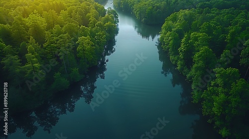 Beautiful 4K aerial shot of a tranquil river winding through a dense forest © Nattapong