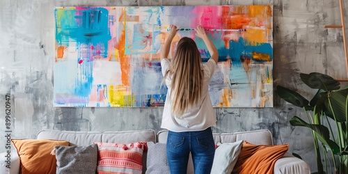 A female displaying artwork in her modern living space.