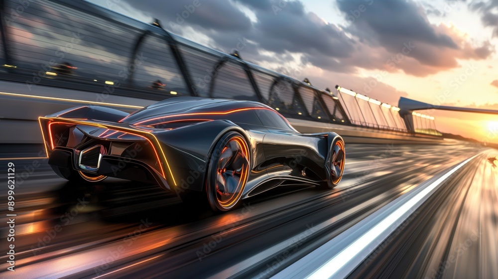 A sleek, black sports car with glowing orange accents speeds along a modern racetrack, leaving a blur of motion behind it as it chases a vibrant sunset A sleek, black sports car with glowing orange accents speeds along a modern racetrack, leaving a blur of motion behind it as it chases a vibrant sunset