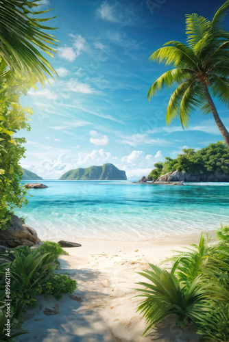 paradise with this stunning panoramic view of a pristine tropical beach. Crystal-clear turquoise waters meet soft white sands under a vibrant blue sky, creating a picture-perfect getawa. generative AI