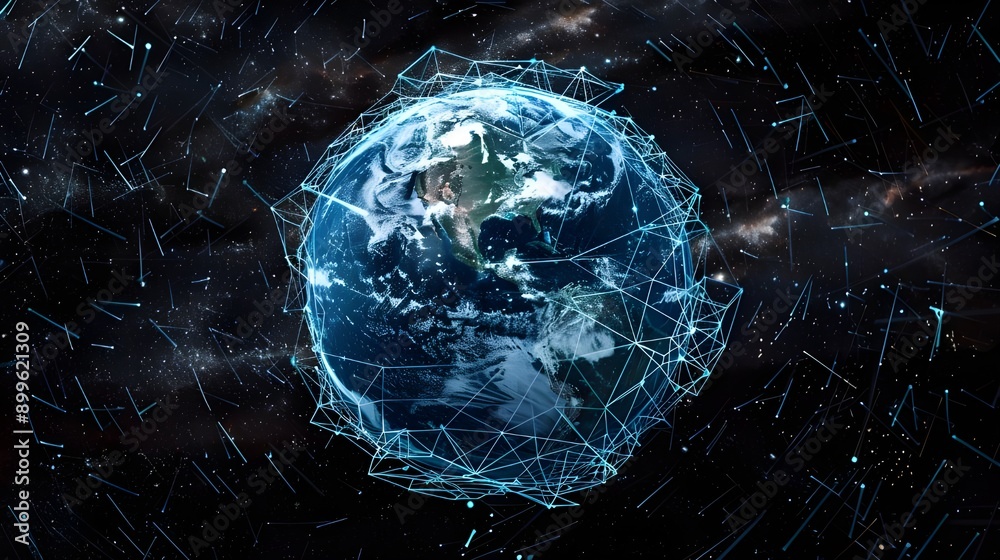 Digital art depiction of Earth with a network of glowing white data lines and nodes, highlighting the intricacies and breadth of global connectivity and communication systems.
Digital art depiction of Earth with a network of glowing white data lines and nodes, highlighting the intricacies and breadth of global connectivity and communication systems.