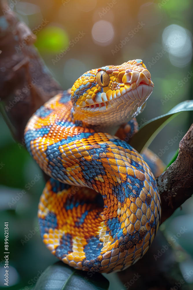 Fototapeta premium A sleek snake coiled around a branch in an exotic jungle, its scales glistening in the dappled sunlight,