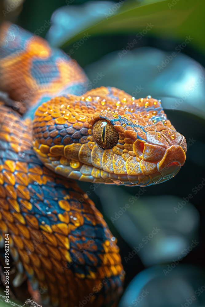 Fototapeta premium A sleek snake coiled around a branch in an exotic jungle, its scales glistening in the dappled sunlight,