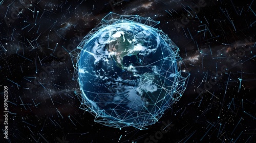 Digital art depiction of Earth with a network of glowing white data lines and nodes, highlighting the intricacies and breadth of global connectivity and communication systems.