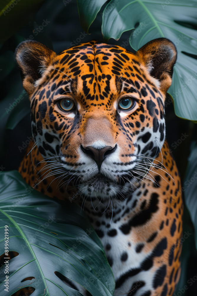 Fototapeta premium A mysterious jaguar hidden among the shadows of an exotic jungle, watching its surroundings,