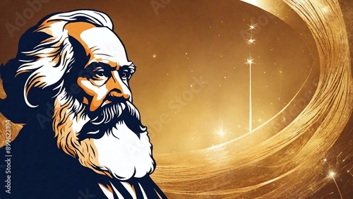 Colorful Illustration with Text Space For
Writing - Karl Marx German philosopher in golden texture background 