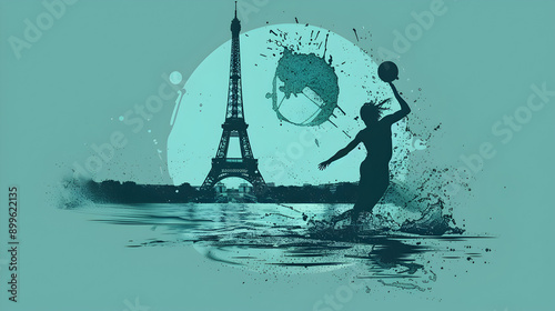 Minimalist Water Polo Player: Silhouette of a water polo player shooting with the Eiffel Tower in the background on a turquoise background.


 photo