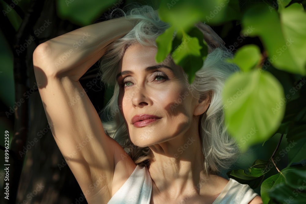 Naklejka premium Confident older woman embraces beauty health and empowerment.