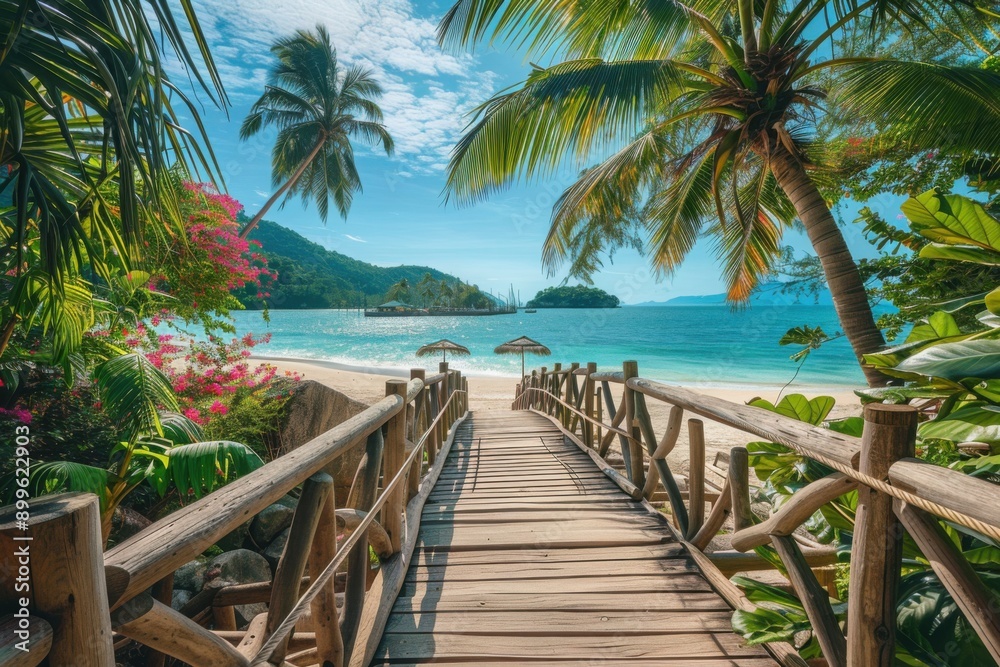 a wooden walkway leading to the beach, palm trees and turquoise water in an exotic island resort a wooden walkway leading to the beach, palm trees and turquoise water in an exotic island resort