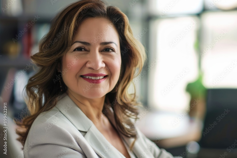 Confident Latin businesswoman in office smiling corporate leader portrait. Confident Latin businesswoman in office smiling corporate leader portrait.