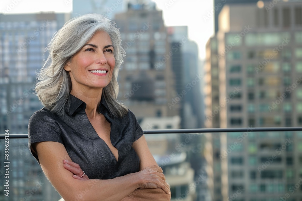 Fototapeta premium Empowered older woman in city smiling confidently.