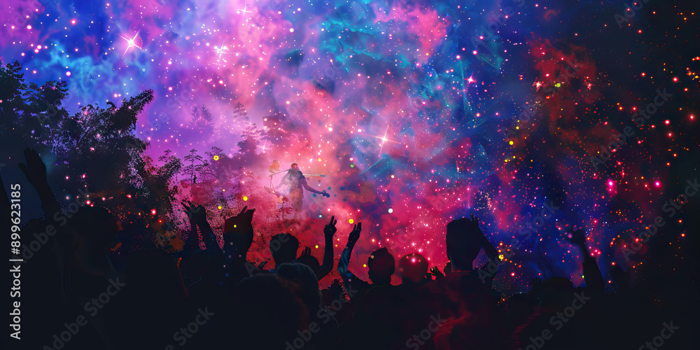 A concert under the stars, music filling the night sky, friends dancing and singing along, a feeling of joy and togetherness A concert under the stars, music filling the night sky, friends dancing and singing along, a feeling of joy and togetherness