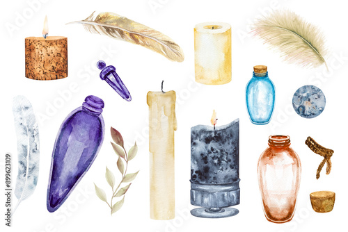 Set of magic items, crystals, amulets, potion, candles and feathers. Watercolor painted illustration.