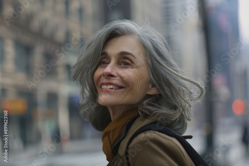 Wallpaper Mural natural portrait of older woman with gray hair in the city  smiling and looking at infinity. Torontodigital.ca