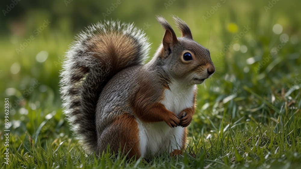 Obraz premium Curious Squirrel in Green Grass