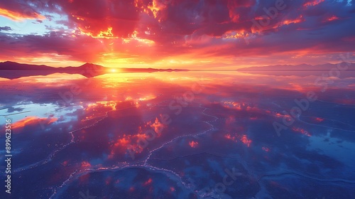 Stunning aerial panorama of a vast salt flat reflecting the vibrant colors of a fiery desert sunset.