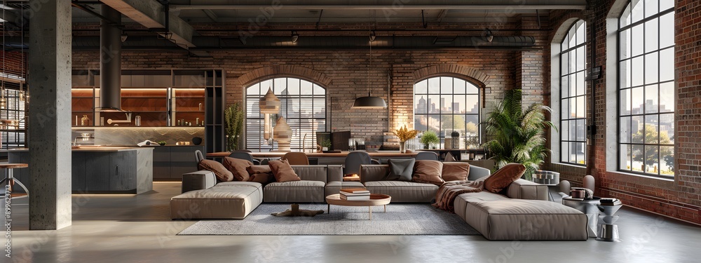 Urban Chic. Industrial style living room loft featuring exposed brick. Urban Chic. Industrial style living room loft featuring exposed brick.