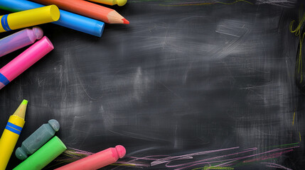 Colorful crayons arranged along the border of a black chalkboard background on a wooden table, representing school or education concepts with ample copy space for text. This high-quality image showcas