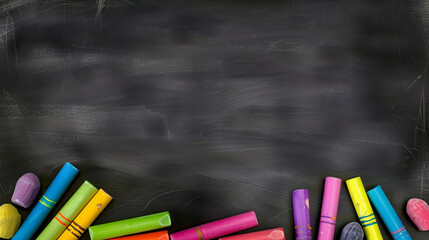 Colorful crayons arranged along the border of a black chalkboard background on a wooden table, representing school or education concepts with ample copy space for text. This high-quality image showcas