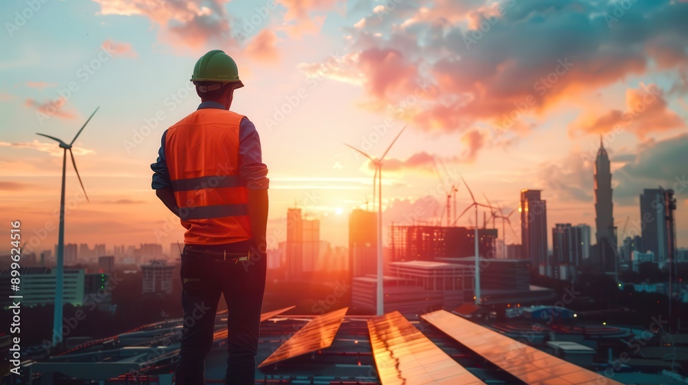 Engineer checking renewable energy setup with modern city skyline and vehicles. Renewable energy inspection concept, modern city skyline Engineer checking renewable energy setup with modern city skyline and vehicles. Renewable energy inspection concept, modern city skyline