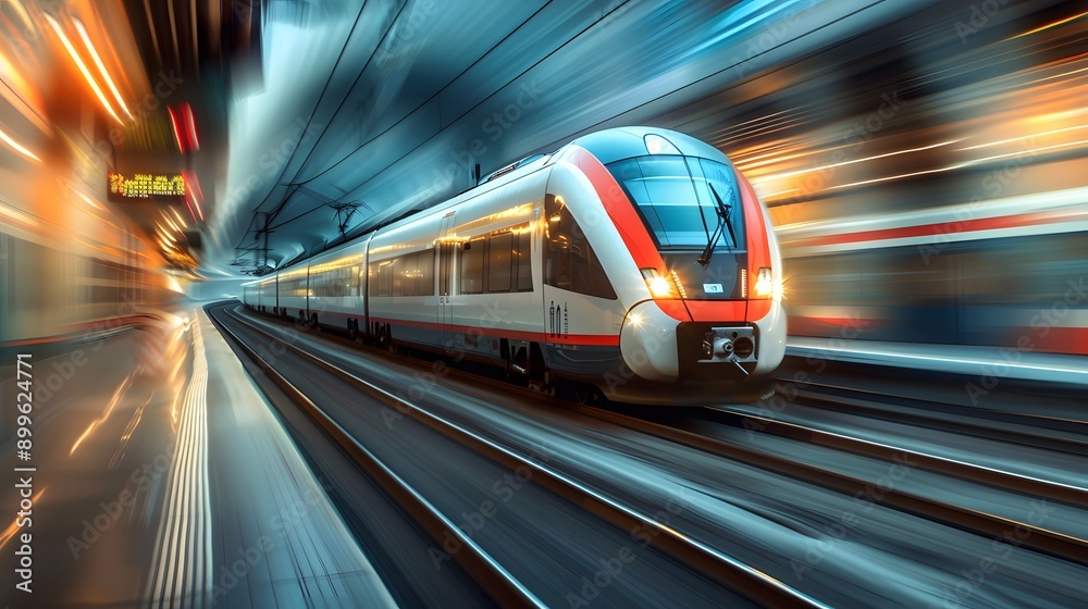 Speeding Through Time. High-speed train racing along tracks Speeding Through Time. High-speed train racing along tracks
