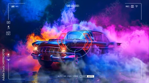 An old car surrounded by vibrant smoke effects with digital technology art in foreground. Seamless looping time-lapse 4k video animation background