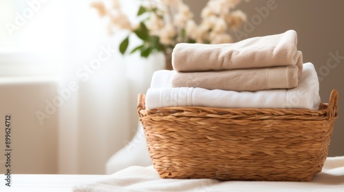 Wicker basket with clean towels on table in bathroom, closeup