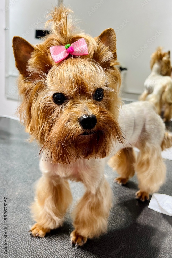 Yorkshire Terrier dog with black nose lying on a black grooming table Yorkie after haircut and bathing pet grooming. grooming salon. pink and white striped bow on the dog's head old Yorkshire Terrier
