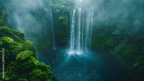 Stunning 4K drone view of a majestic waterfall in a lush forest © Nattapong