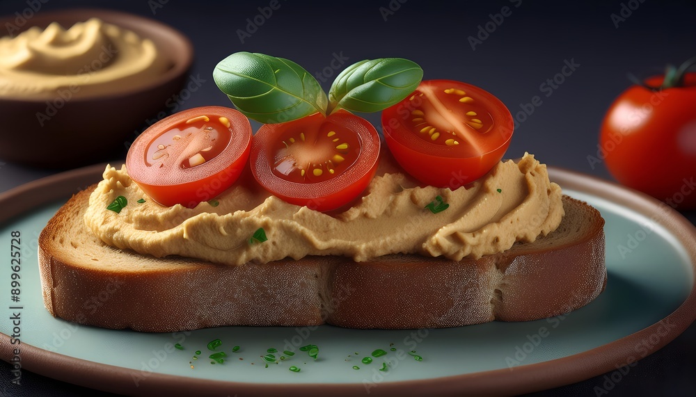 food sliced bread dough Toasts with hummus and tomatoes food sliced bread dough Toasts with hummus and tomatoes