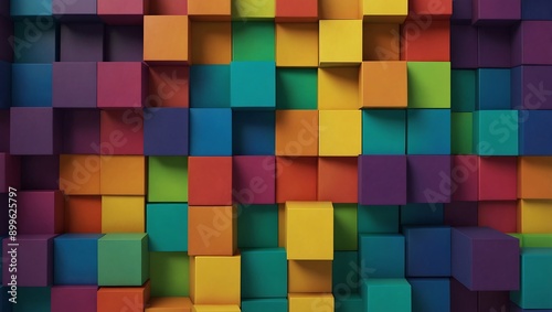 Abstract squares on a rainbow gradient background.
