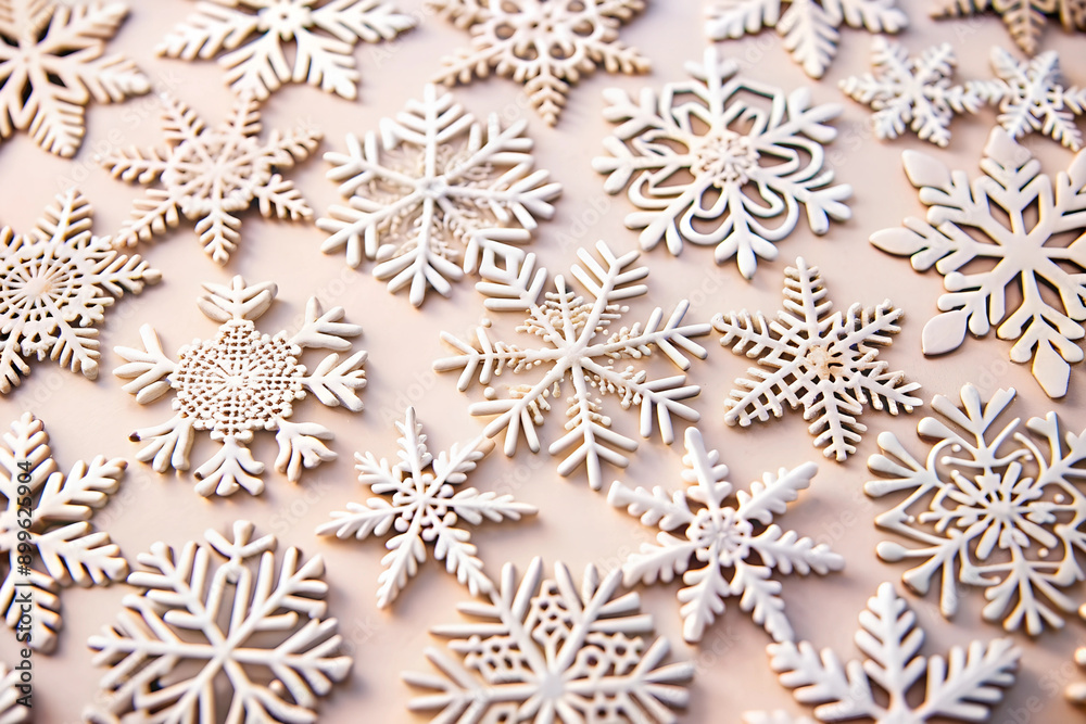 A background of white paper cut snowflakes on a plain white surface, arranged in an artistic pattern with different shapes and sizes, creating a festive winter theme A background of white paper cut snowflakes on a plain white surface, arranged in an artistic pattern with different shapes and sizes, creating a festive winter theme
