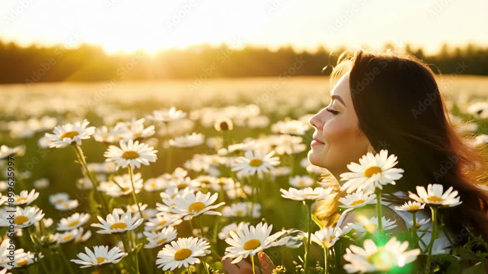 A woman enjoys the warmth of the sunset surrounded by blooming daisies, finding peace and solitude in nature's embrace as golden light filters through the flowers. A woman enjoys the warmth of the sunset surrounded by blooming daisies, finding peace and solitude in nature's embrace as golden light filters through the flowers.