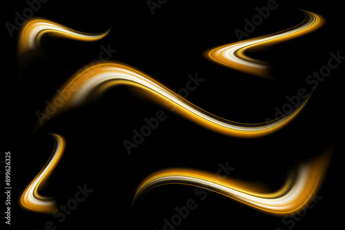 Glittering wavy trail. Golden glowing shiny spiral lines effect. Curved yellow line light. Swirling glow dynamic neon circles. Rotating shining rings. Shine magic gold swirl