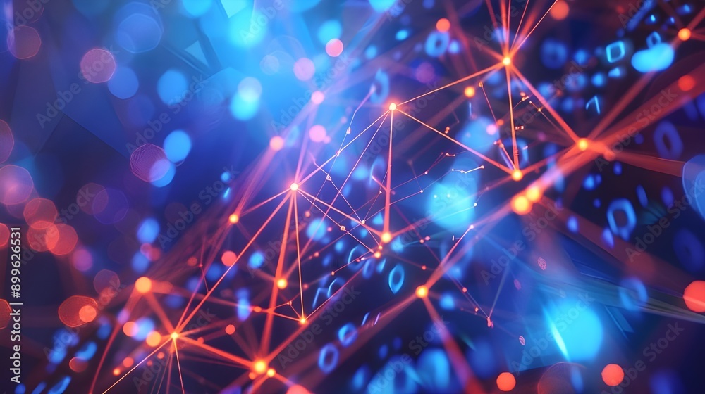 A dynamic digital network with glowing nodes and connections in blue and red, depicting an active and vibrant cyber network or brain-like neural network. A dynamic digital network with glowing nodes and connections in blue and red, depicting an active and vibrant cyber network or brain-like neural network.