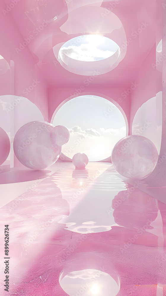 3d futuristic pink background with arch and sphere and circle	
