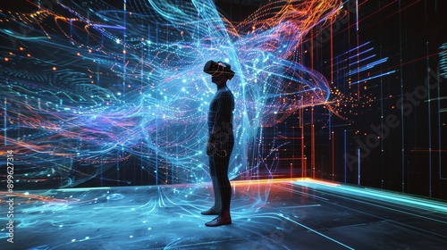 A person immersed in a virtual reality experience, surrounded by a futuristic display of data visualizations and digital streams. The image captures the essence of advanced technology and the