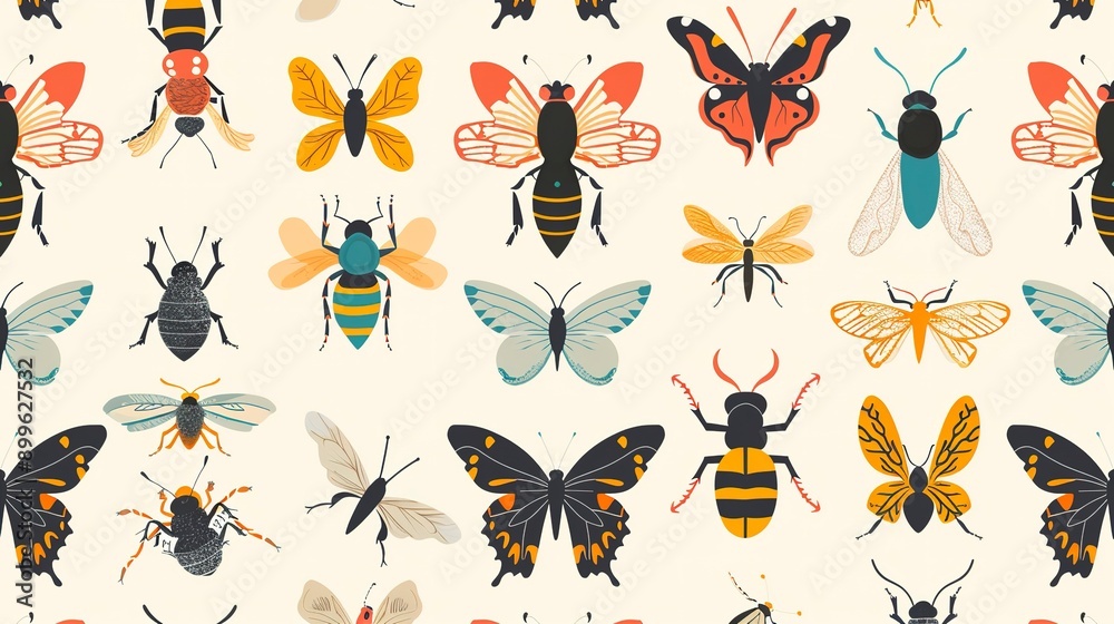 Flat illustration of insects like butterflies and bees in a seamless pattern for a nature-inspired design. 