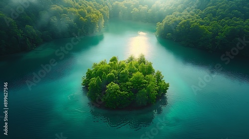 Crystal clear 4K drone shot of a serene lake with a small island in the center © Nattapong