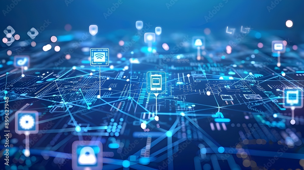 A digital network map with glowing blue lines and nodes, representing the interconnected data and technology in the modern world A digital network map with glowing blue lines and nodes, representing the interconnected data and technology in the modern world