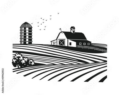 Hand drawn farm silhouette with Farm House vector and farm market and landscape