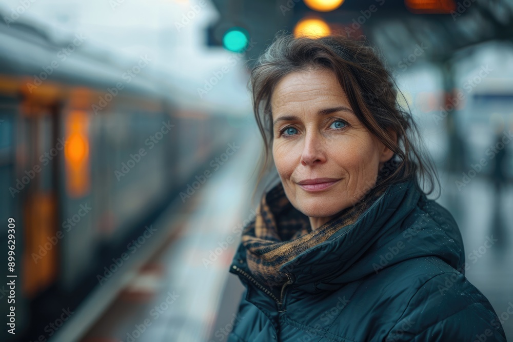Portrait of middle aged woman at European train station. Portrait of middle aged woman at European train station.
