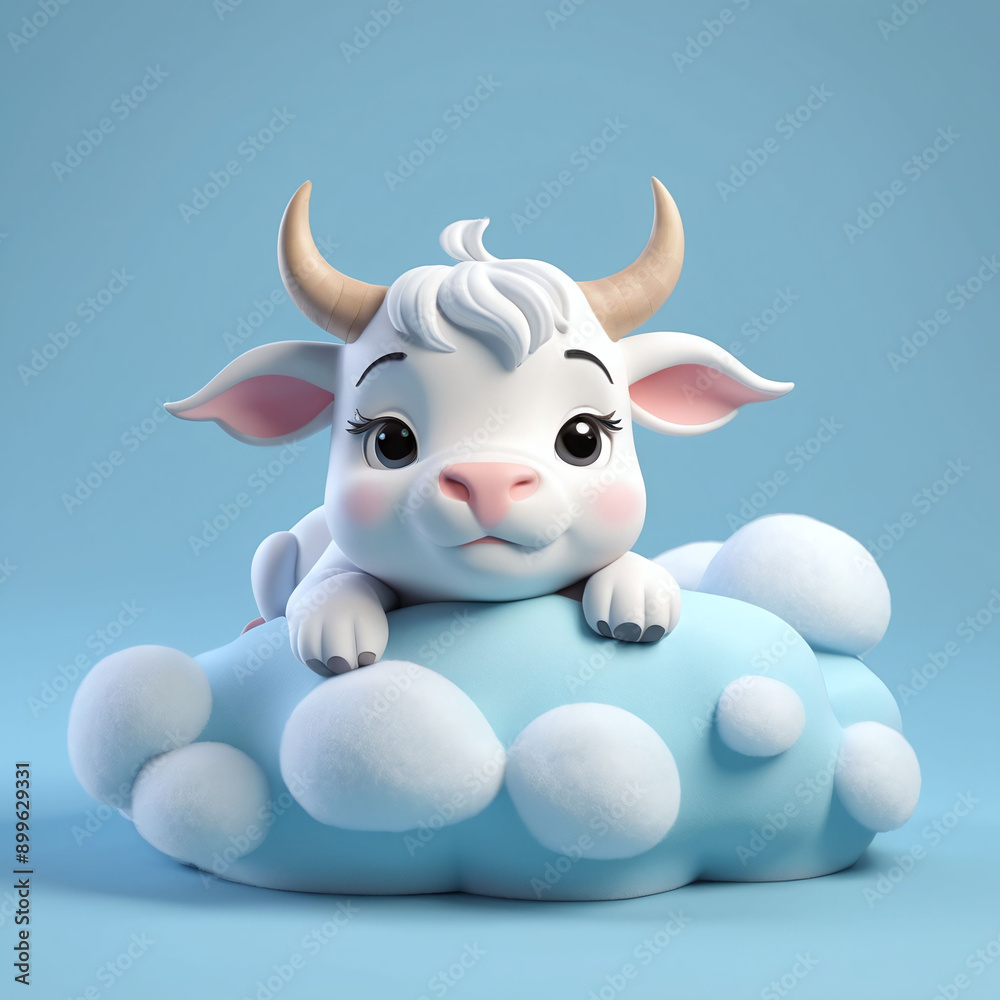 cute adorable 3D cow or bull cub sleeping on the comfy cozy bed with cloud shape cute adorable 3D cow or bull cub sleeping on the comfy cozy bed with cloud shape