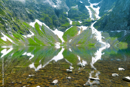 Mountain lake with blue water. Beautiful mountain landscape in summer. Black Lake below Mount Rysy. Tatras