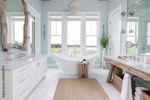 Luxurious Modern Farmhouse Bathroom with Freestanding Tub and Large Windows 