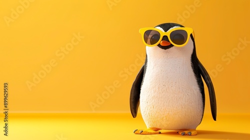 3d illustration of cute happy penguin wearing yellow sunglasses, smiling and looking at camera, on solid background