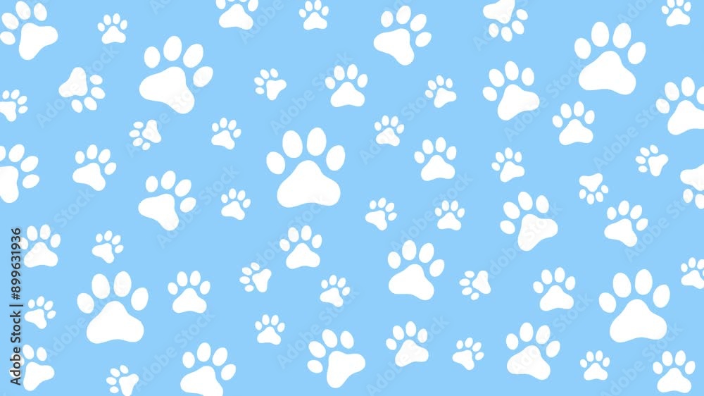 Animated Cat and dog seamless Paw Pattern Background 4K video. White paws on Blue background. Animated Cat and dog seamless Paw Pattern Background 4K video. White paws on Blue background.