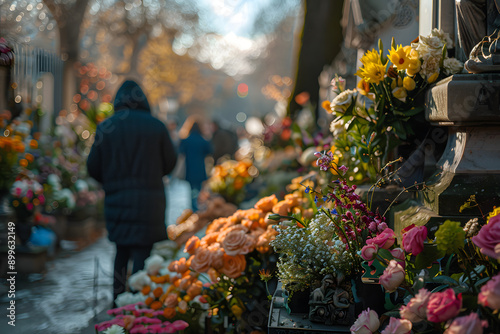 There is a day in Spain that is celebrated on All Saints' Day where people go to cemeteries to leave flowers for the deceased. photo