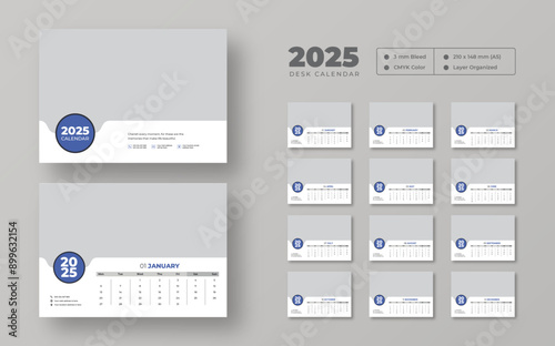 2025 Desk or table calendar template, 2025 Corporate office desk calendar schedule, Week starts Monday