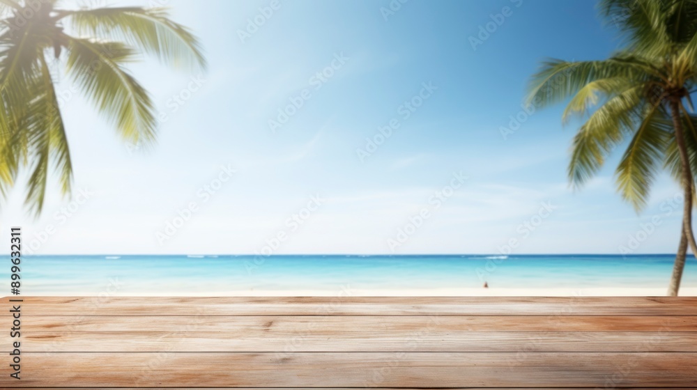 Wooden table top on blur beach background, display or montage products Wooden table top on blur beach background, display or montage products